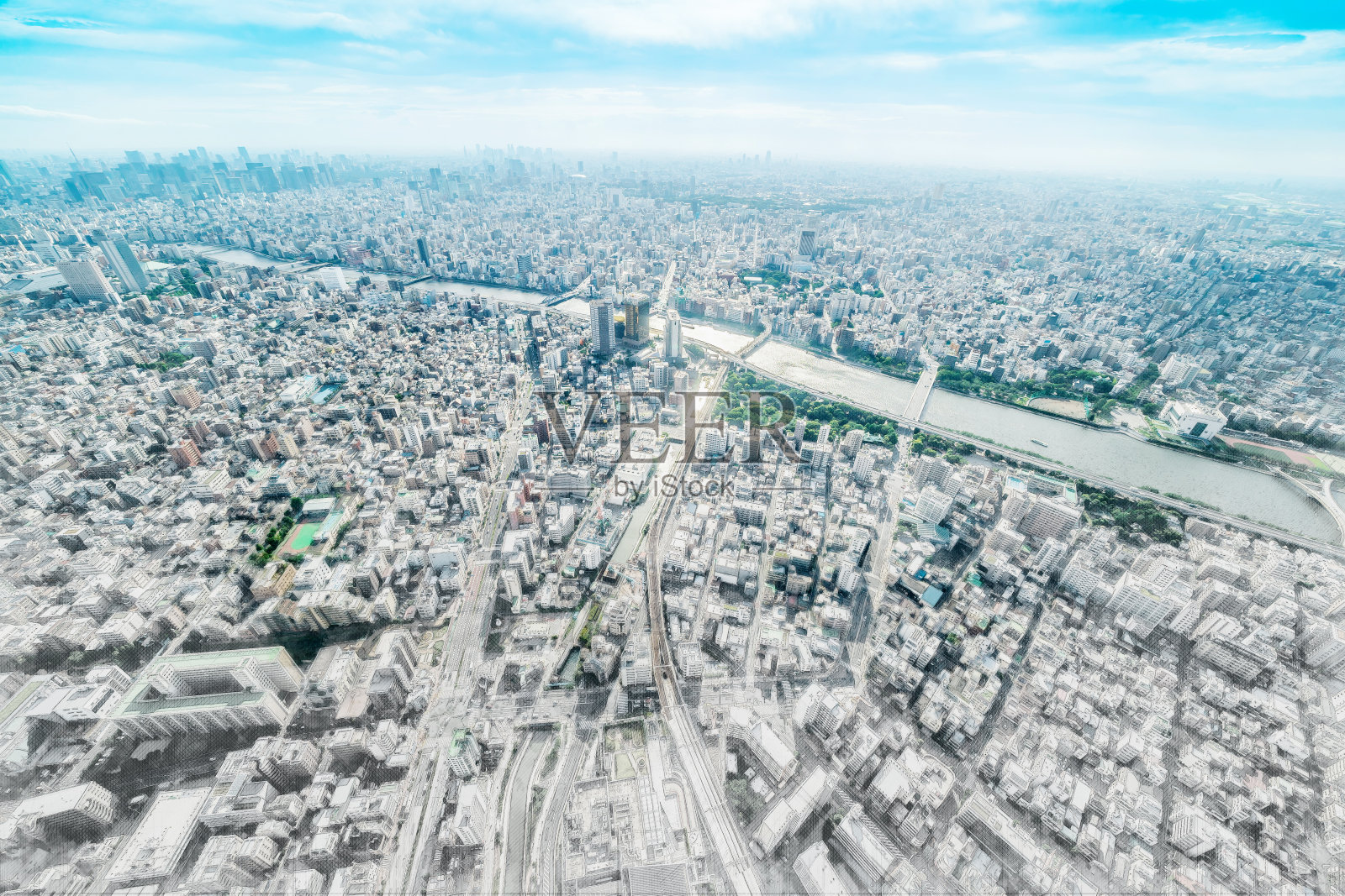全景现代城市天际线混合素描效果照片摄影图片
