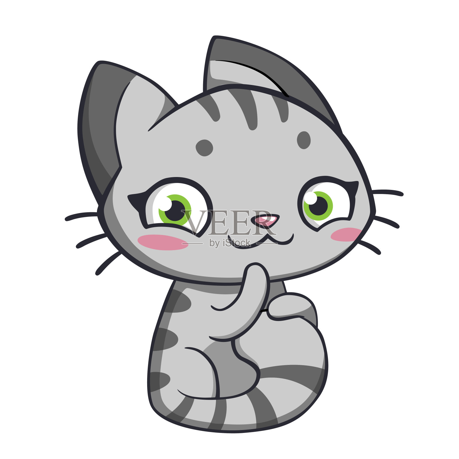 小猫卡通人物。灰条纹害羞小猫插画图片素材