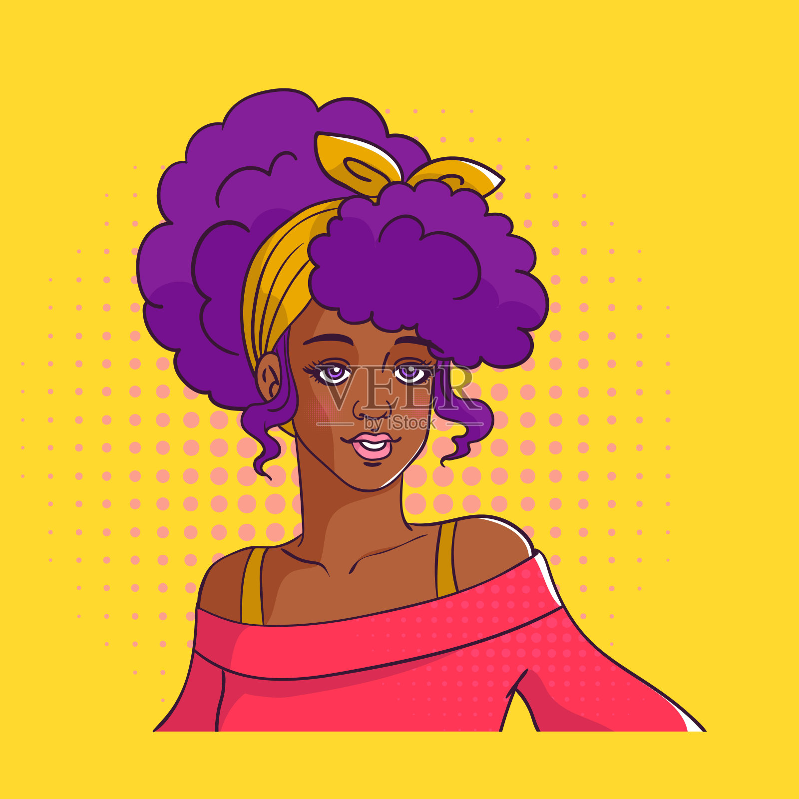 波普艺术海报。漂亮的黑皮肤的非洲发型女孩。插画图片素材