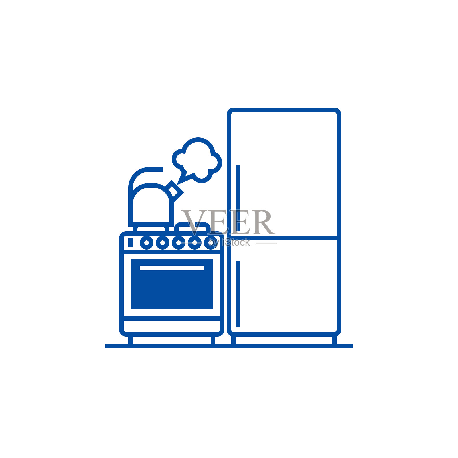 厨房，冰箱，炉子，水壶系列图标概念。厨房、冰箱、灶台、水壶等平面矢量符号、标识、示意图。设计元素图片