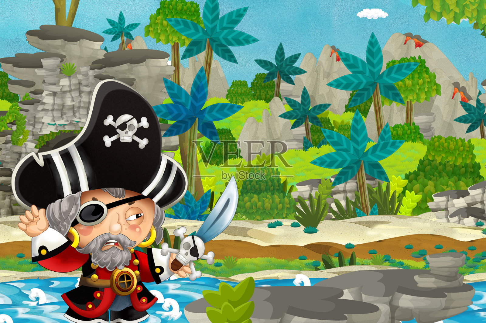 海盗在丛林中的卡通场景插画图片素材