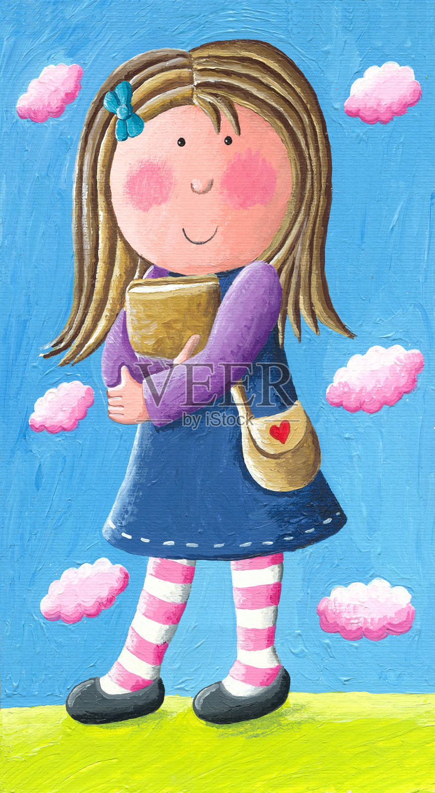 丙烯酸插图的可爱的学校女孩拿着一本书插画图片素材