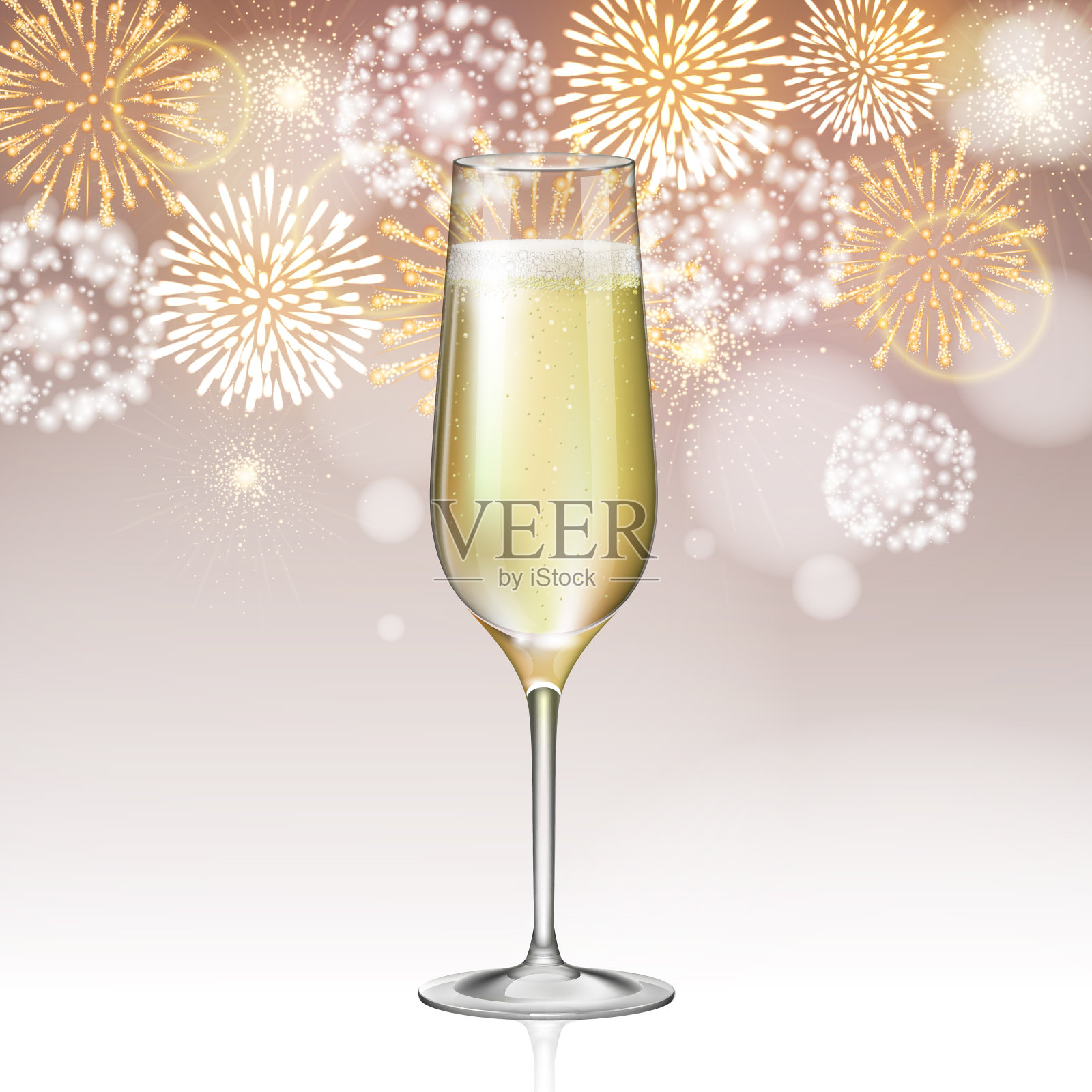 现实的矢量插图的香槟酒杯在节日的烟花背景插画图片素材