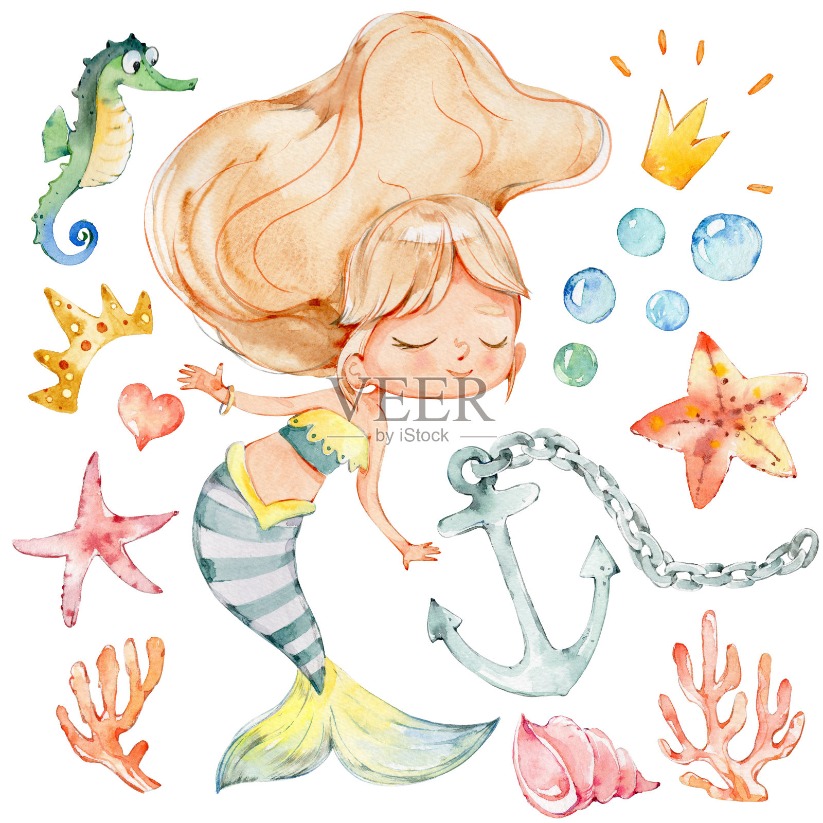 美人鱼水彩人物海星海洋套件插画图片素材