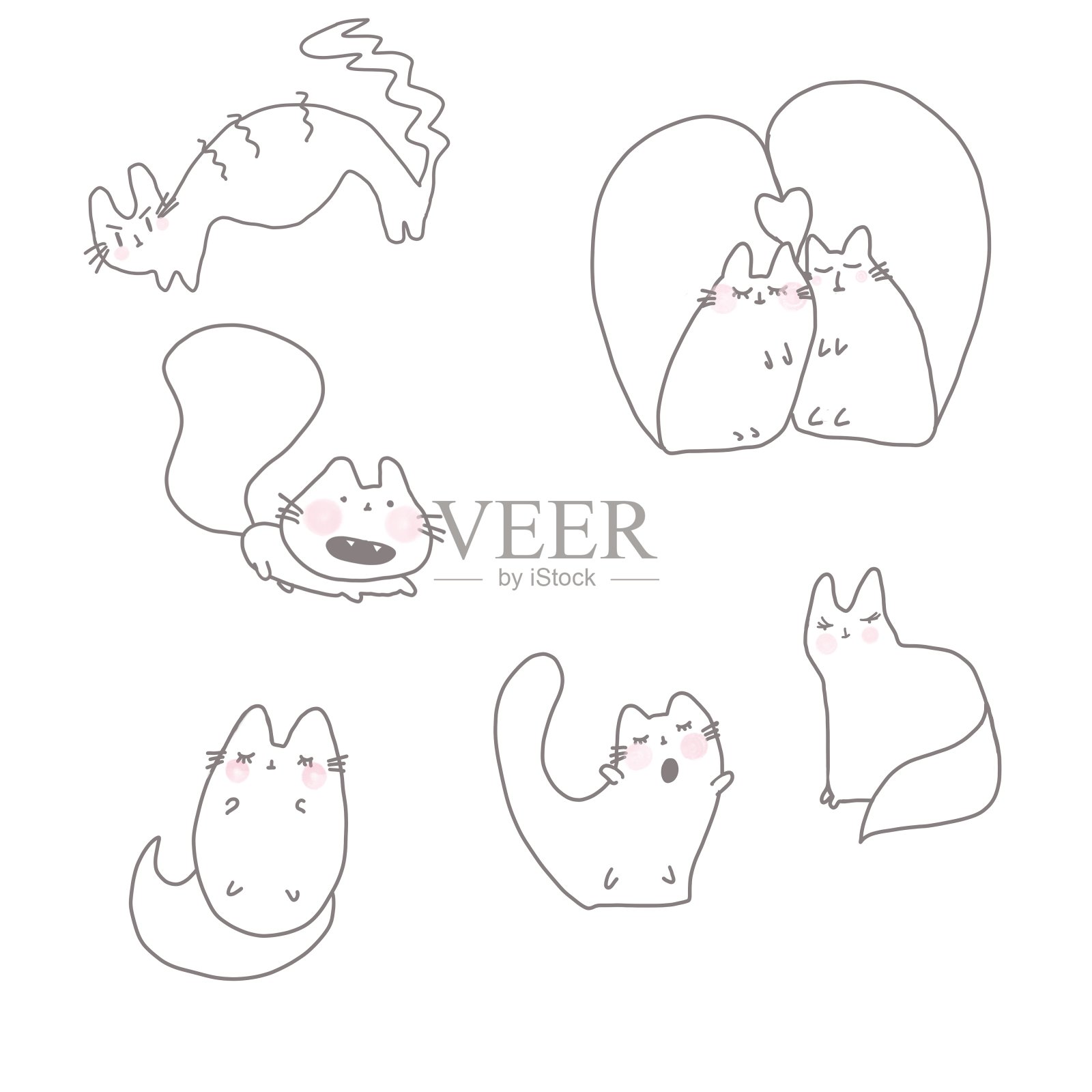 线条艺术卡通猫涂鸦风格勾勒不同姿势。可爱的猫集:爱的夫妇，尖叫，唱歌的春天猫和滑猫。数字插图灰色钢笔和粉红色的脸颊一条线孤立插画图片素材