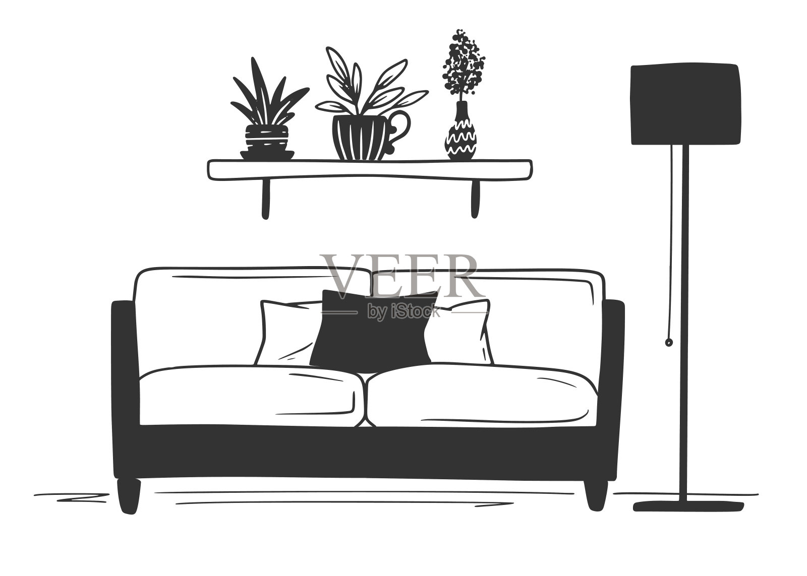 斯堪的纳维亚风格的室内设计。房间的一部分。手绘矢量插图的草图风格。插画图片素材