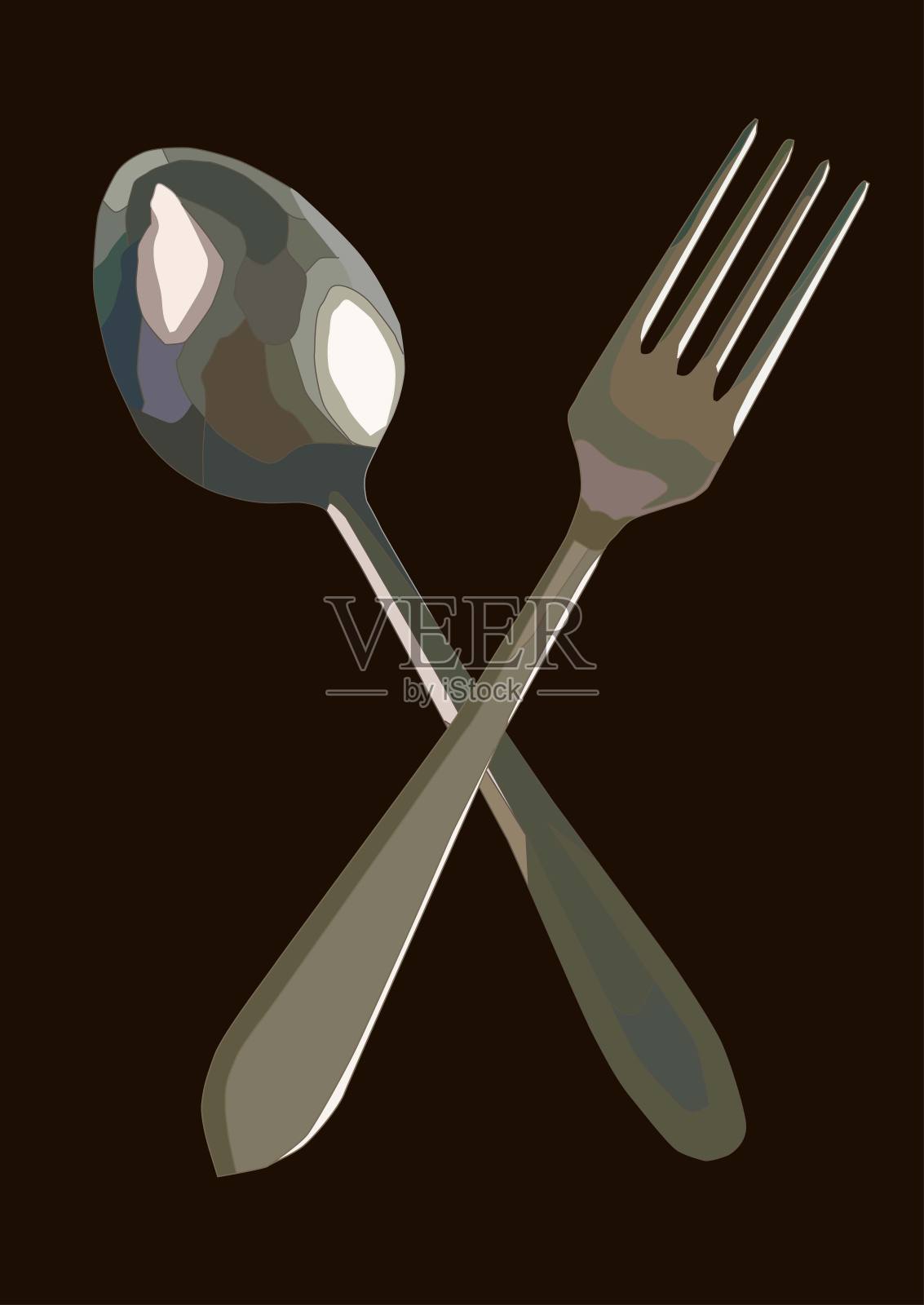 交叉叉和勺子服务集，现实的矢量艺术孤立在棕色插画图片素材