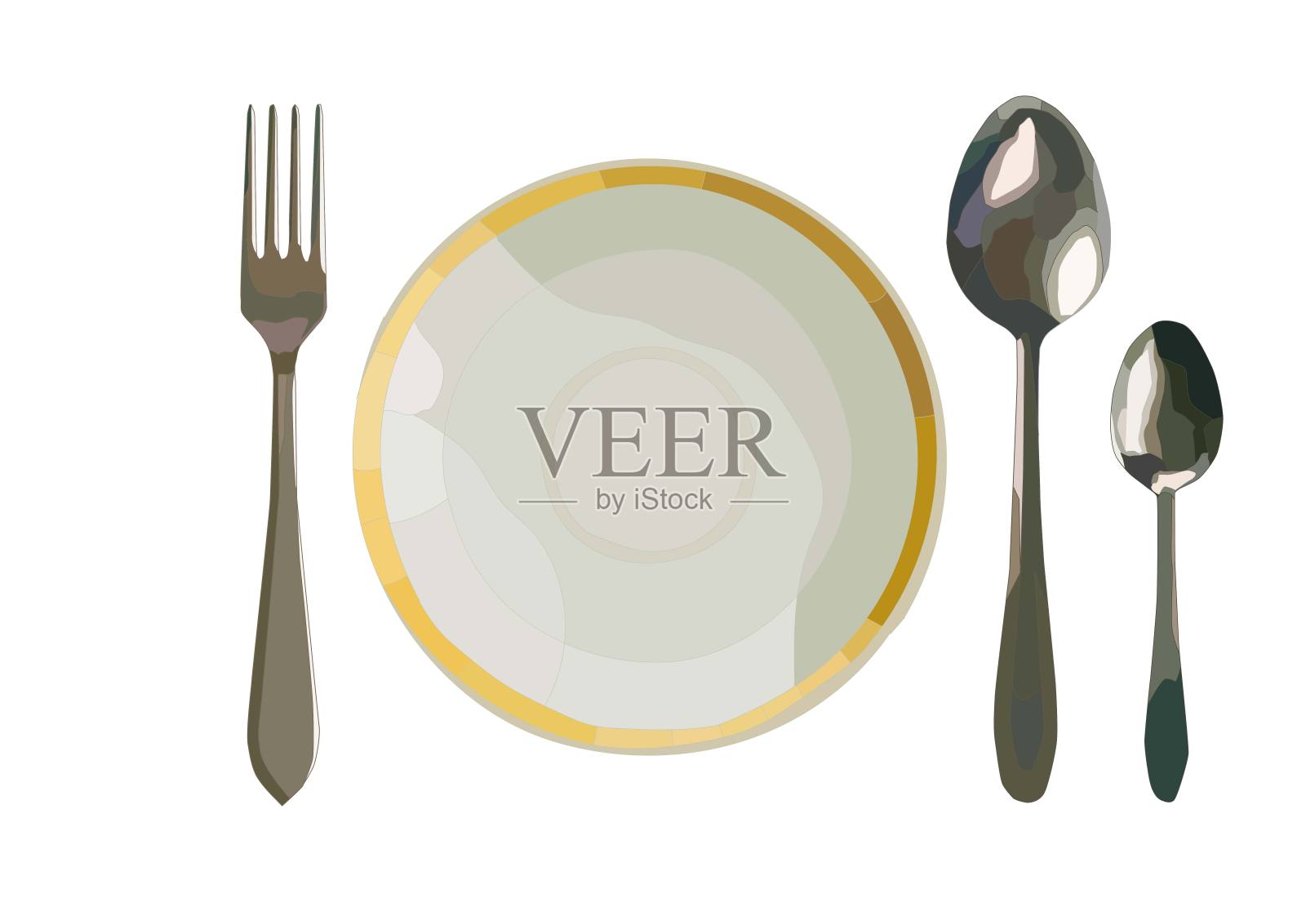叉子，盘子和两个勺子服务设置，现实的矢量艺术孤立在白色插画图片素材