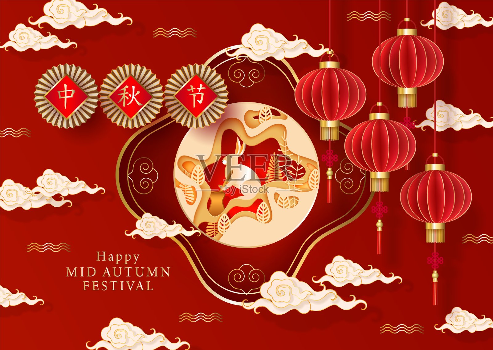 中国中秋矢量设计，金兔，灯笼，云，月亮设计模板素材