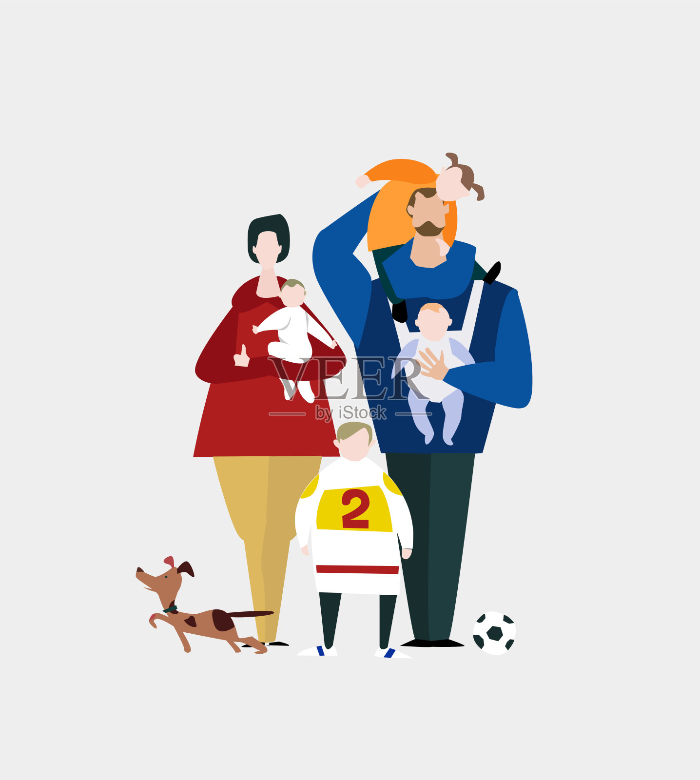 幸福的家庭。妈妈抱着宝宝，爸爸抱着可爱的小女孩，宝宝穿着袋鼠托，男孩穿着足球t恤，还有两只宠物狗和猫。插画图片素材
