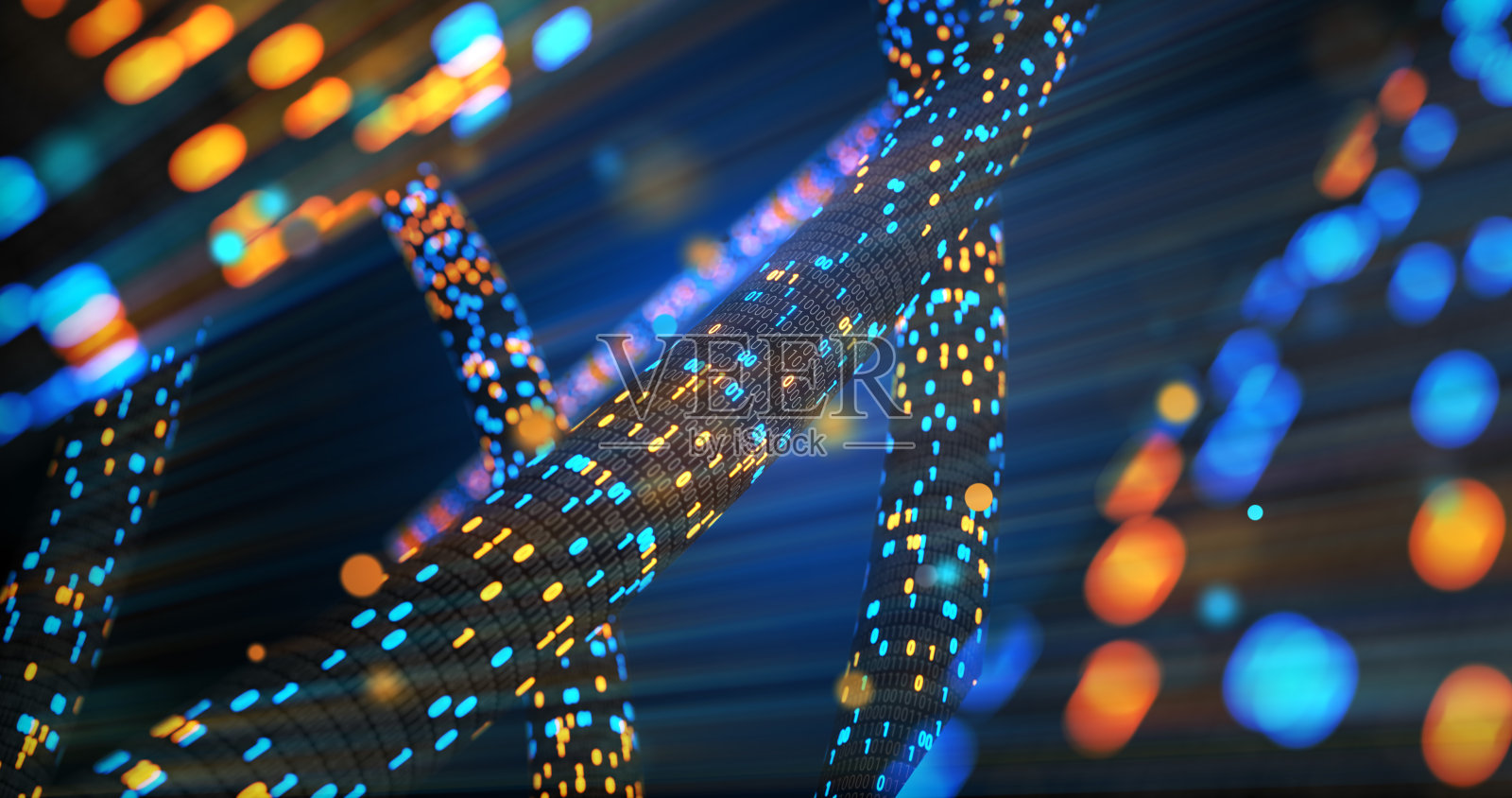 抽象的蓝色和橙色数字二进制码矩阵背景带耀斑。未来大数据信息技术、数据中心、区块链、服务器、互联网、高速。三维渲染照片摄影图片