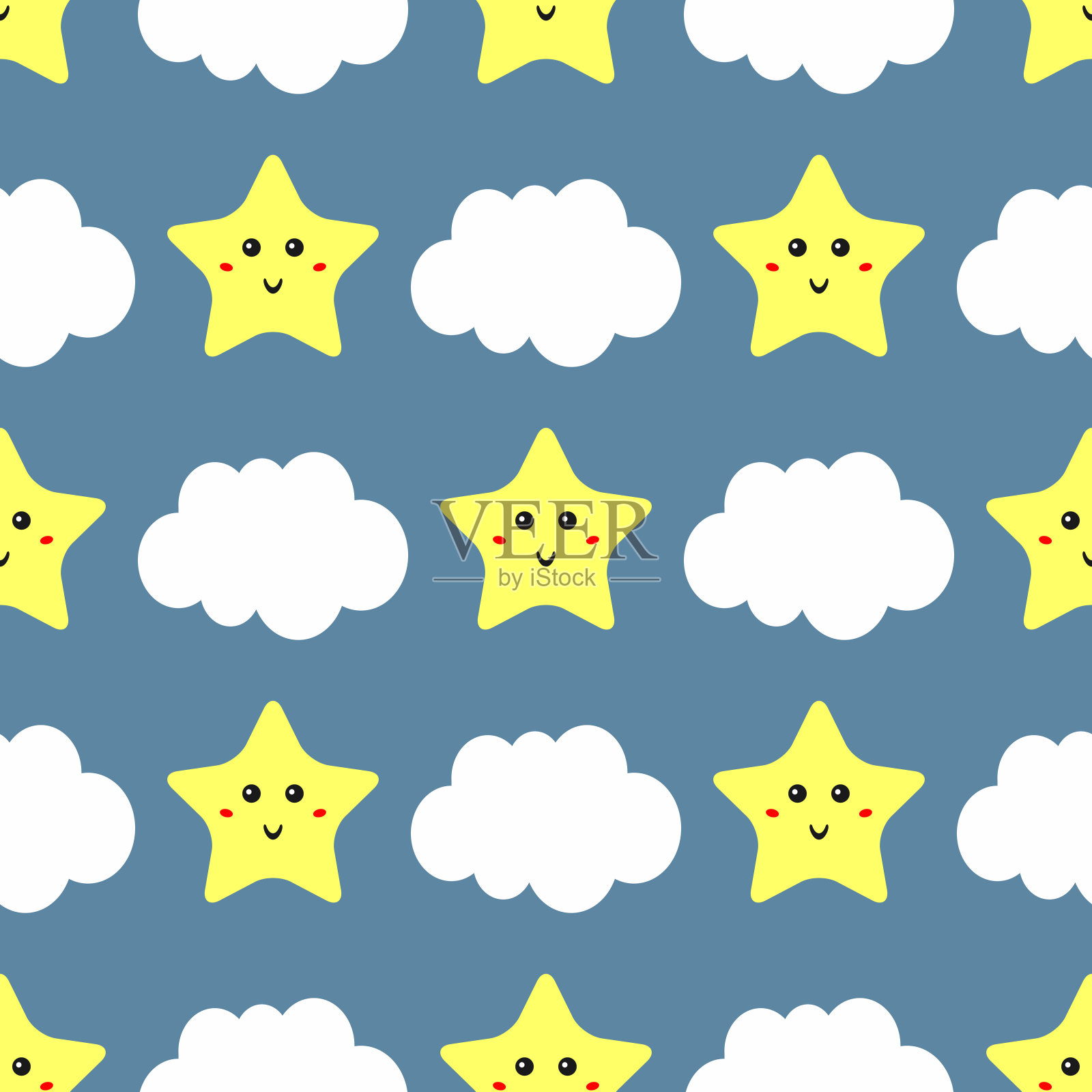 有趣的无缝图案与云彩和微笑的星星。可爱的睡衣印花。插画图片素材