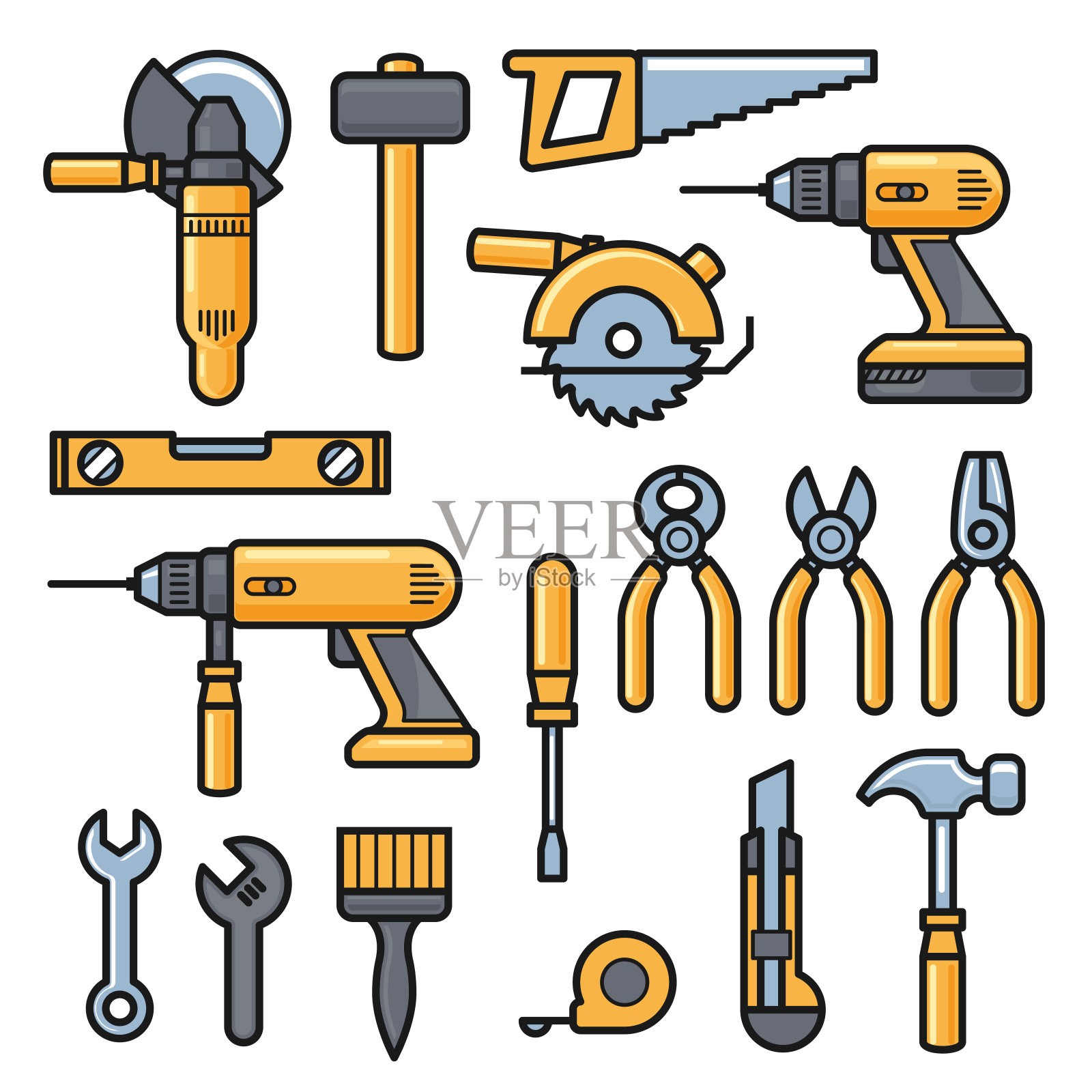 建造和修理工具图标，施工工具包-钻头，锤子，螺丝刀，锯子，锉刀，油灰刀，尺子，头盔，滚筒，刷子，工具箱插画图片素材
