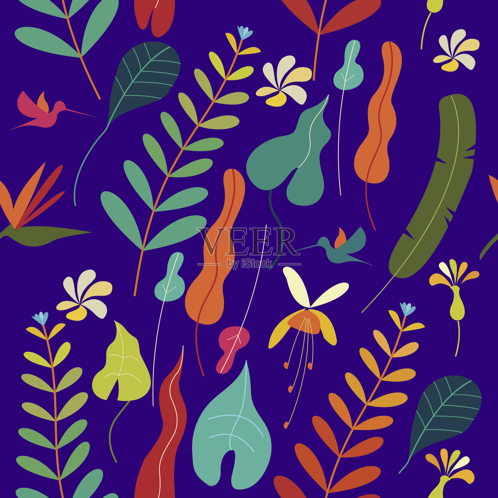无缝的彩色图案。热带的叶子和花。在紫色的背景上。矢量插图。插画图片素材