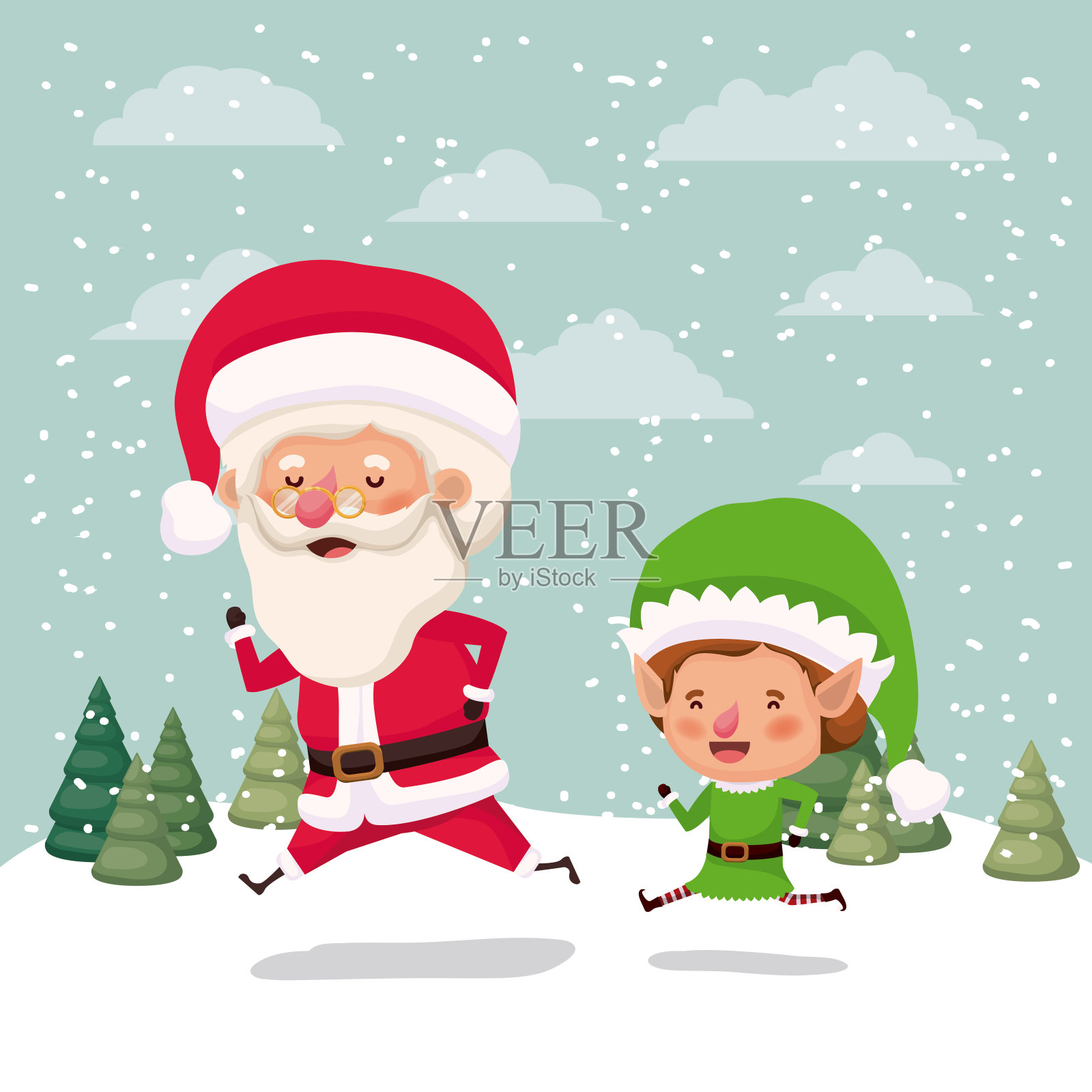 雪景里的小精灵和圣诞老人插画图片素材