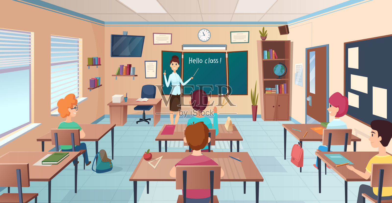 课教室。学生在课桌旁和老师站着指指点点，孩子们在黑板旁学习矢量卡通背景插画图片素材