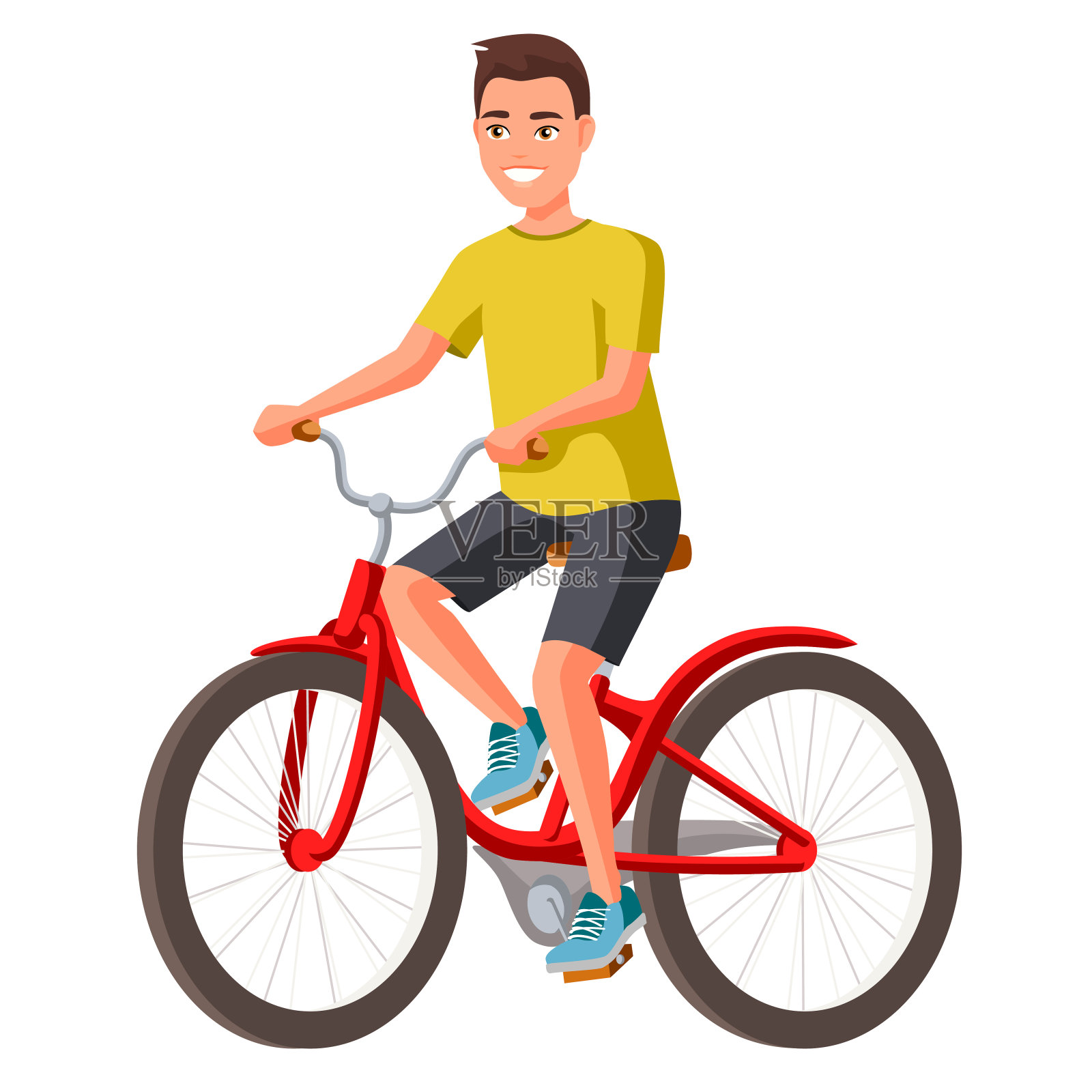 矢量插图的年轻人在休闲服装骑自行车。卡通逼真的人插图。平的年轻人。前面,等距视图。运动的人。培训、自行车。设计元素图片