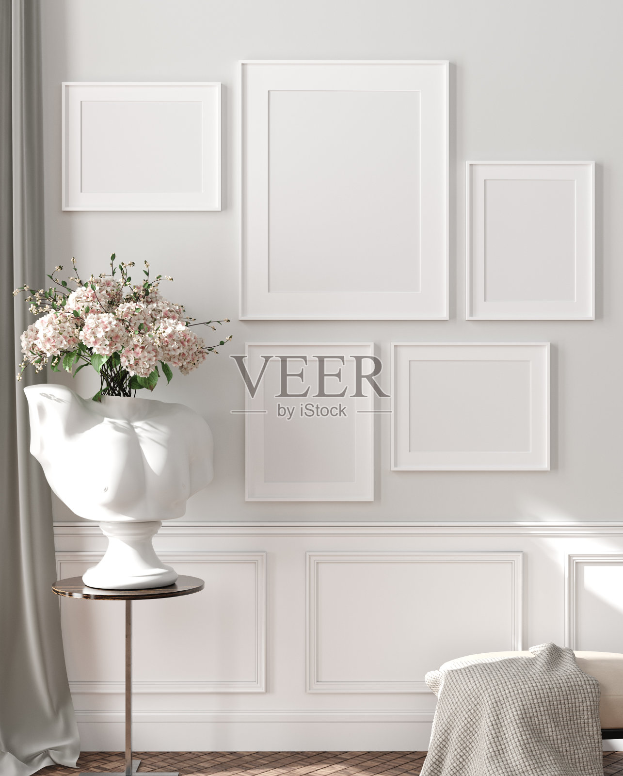 现代室内，自然柔和的颜色房间背景与海报模拟照片摄影图片