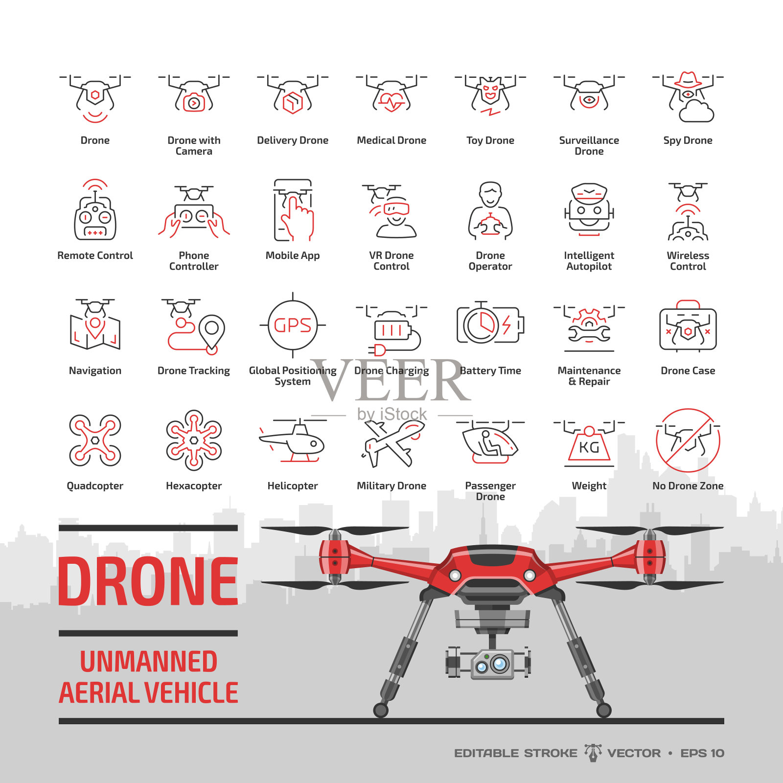 无人机无人机轮廓图标设置为扁平的红色无人机模型，天际线，自主飞机技术，天空相机，军事和交付机器人，直升机，远程控制可编辑的笔划标志。插画图片素材