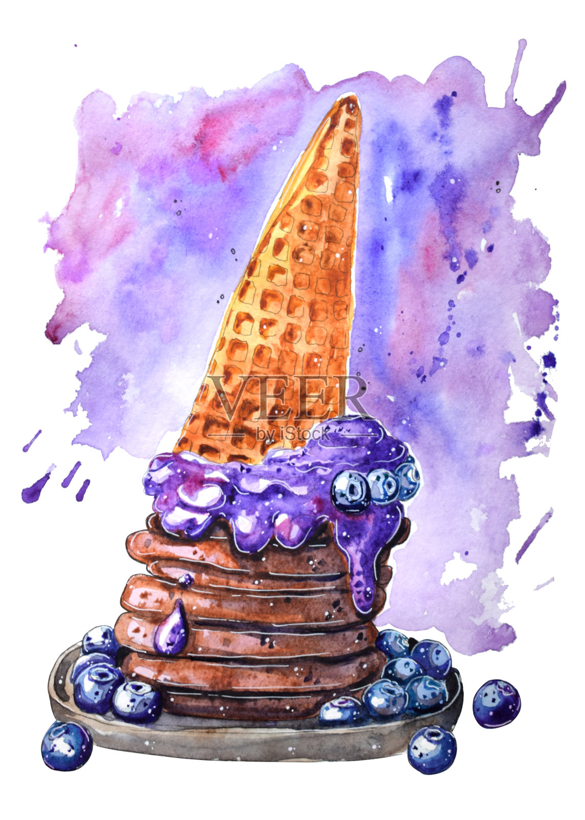 手绘水彩煎饼配冰淇淋。插画图片素材