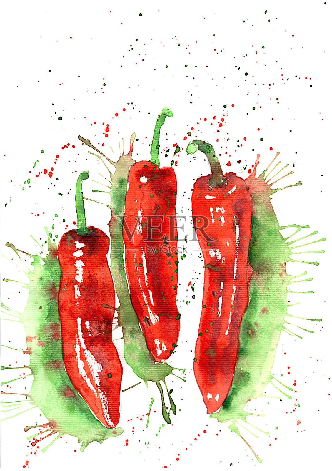 水彩手绘红辣椒与红色和绿色喷雾在白色的背景上的插图。插画图片素材