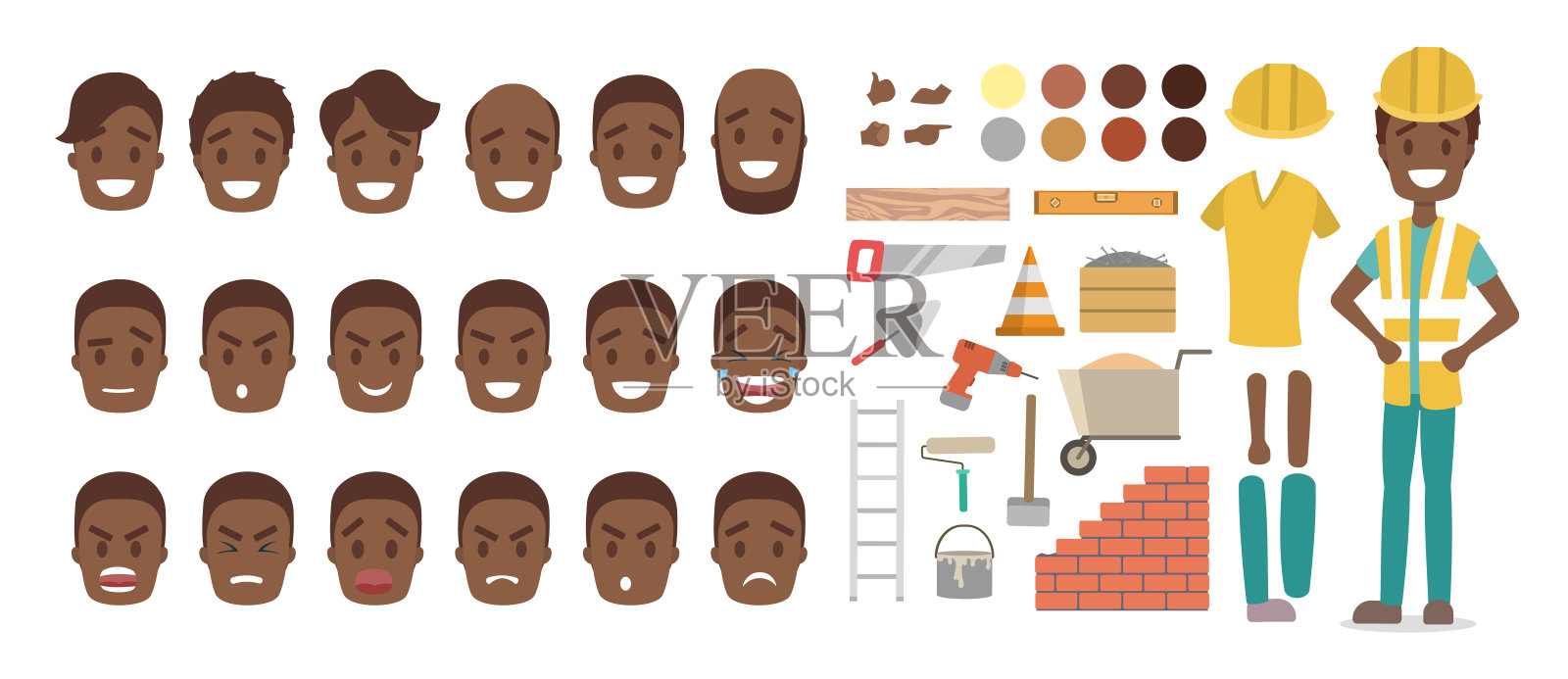 可爱的男性非裔美国建筑师的性格图标素材