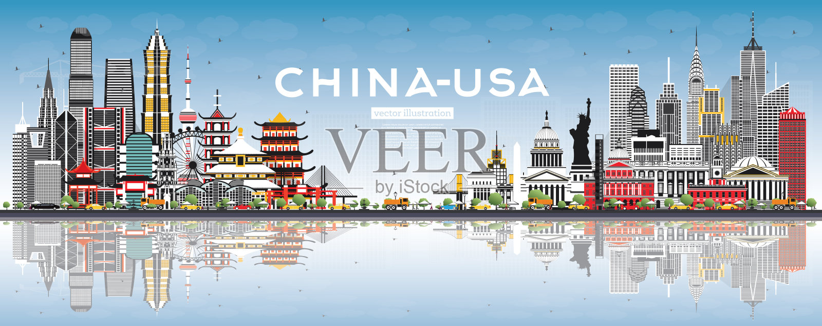 中国和美国的灰色建筑，蓝天和倒影的天际线。插画图片素材