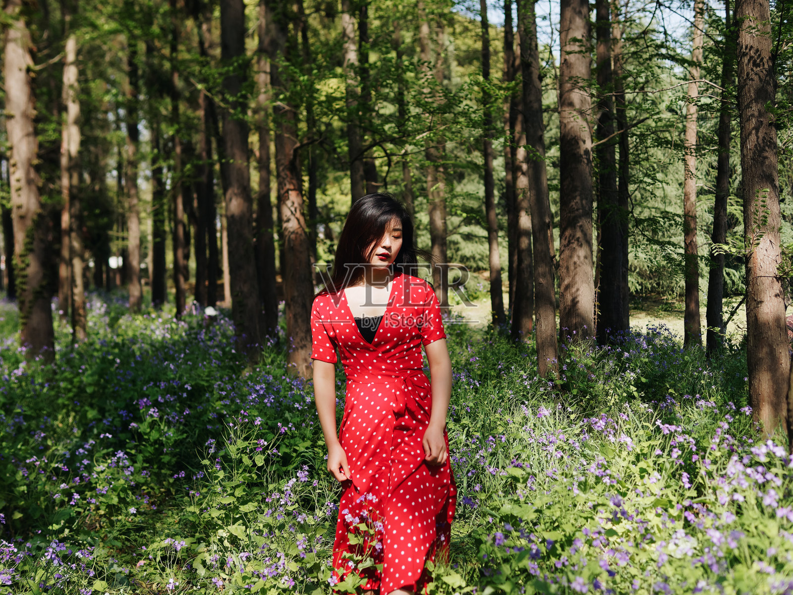 美丽的年轻女子肖像在森林公园走红裙子。户外时尚写真魅力年轻的中国时尚淑女。照片摄影图片