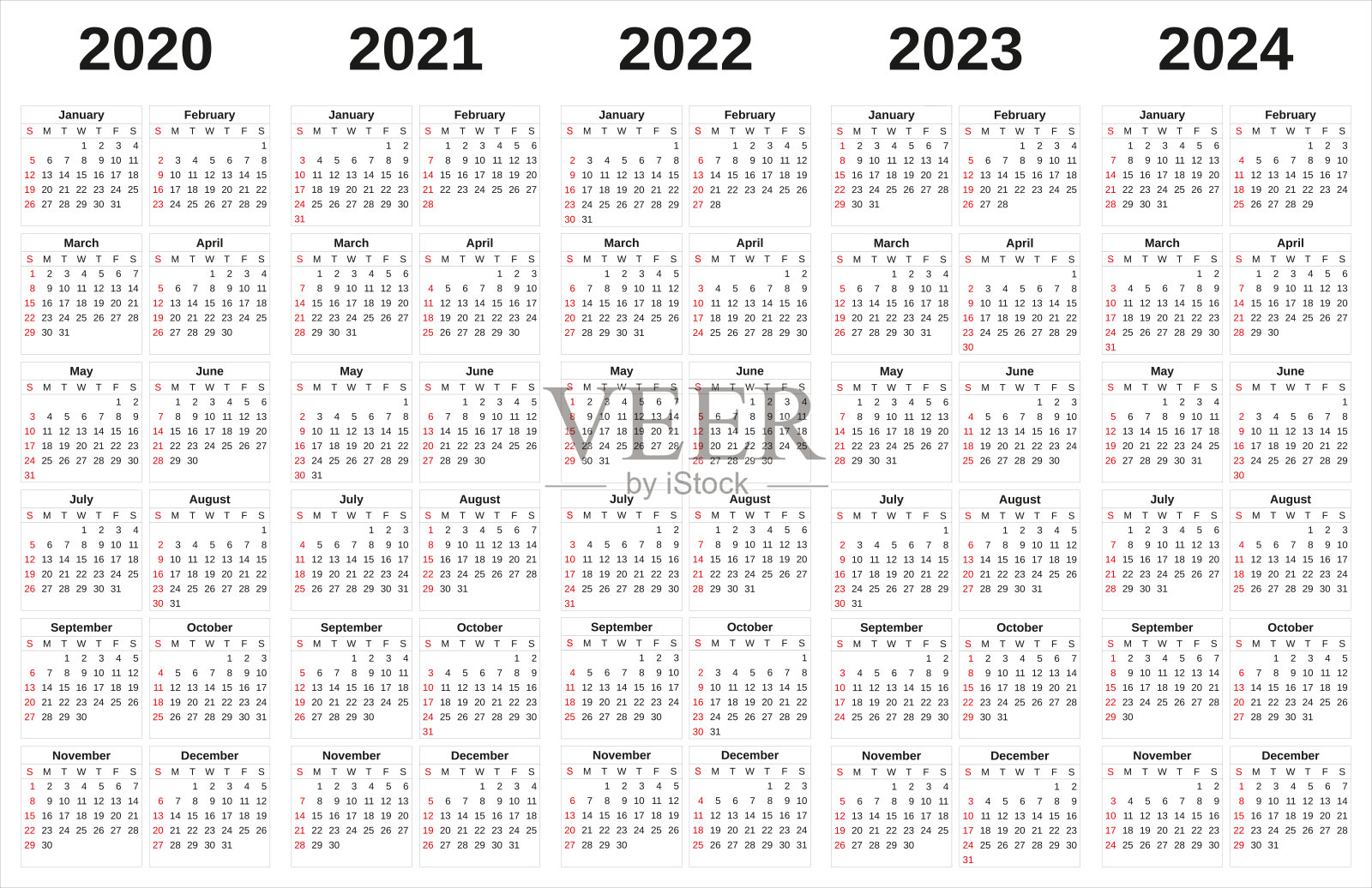 2020-2024年日历白色背景。照片摄影图片