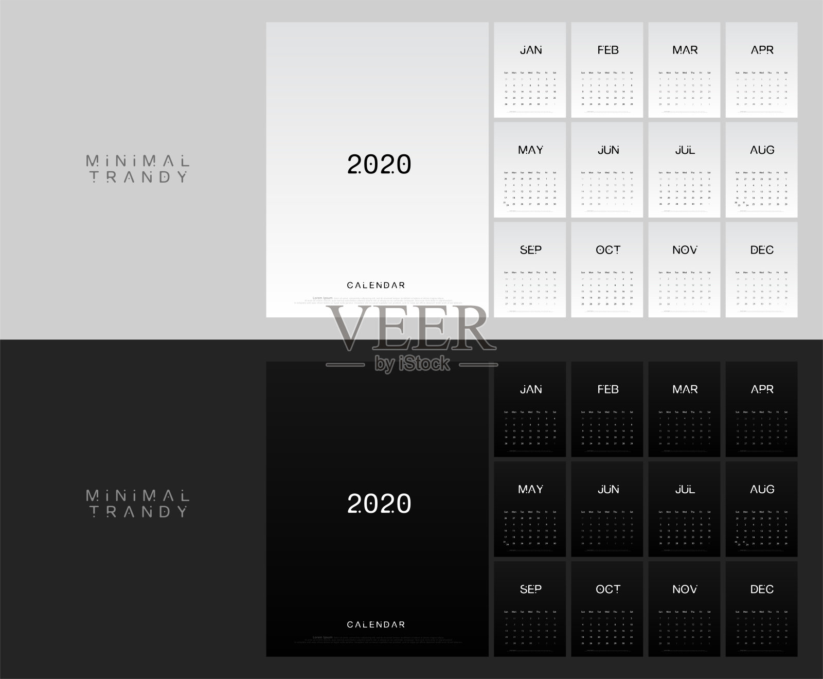 2020年日历最小化表规划简洁风格。上周星期天开始。时尚简约的黑白印刷模板。矢量图设计模板素材