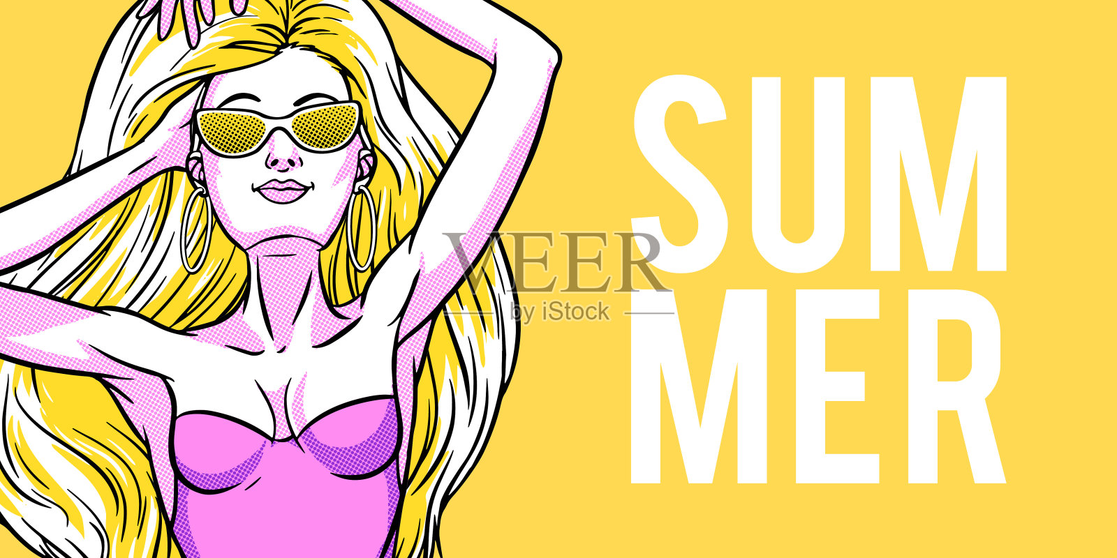 年轻漂亮的金发女人穿着泳衣。沙滩女郎，比基尼，暑假。魅力模型。向量漫画插图插画图片素材