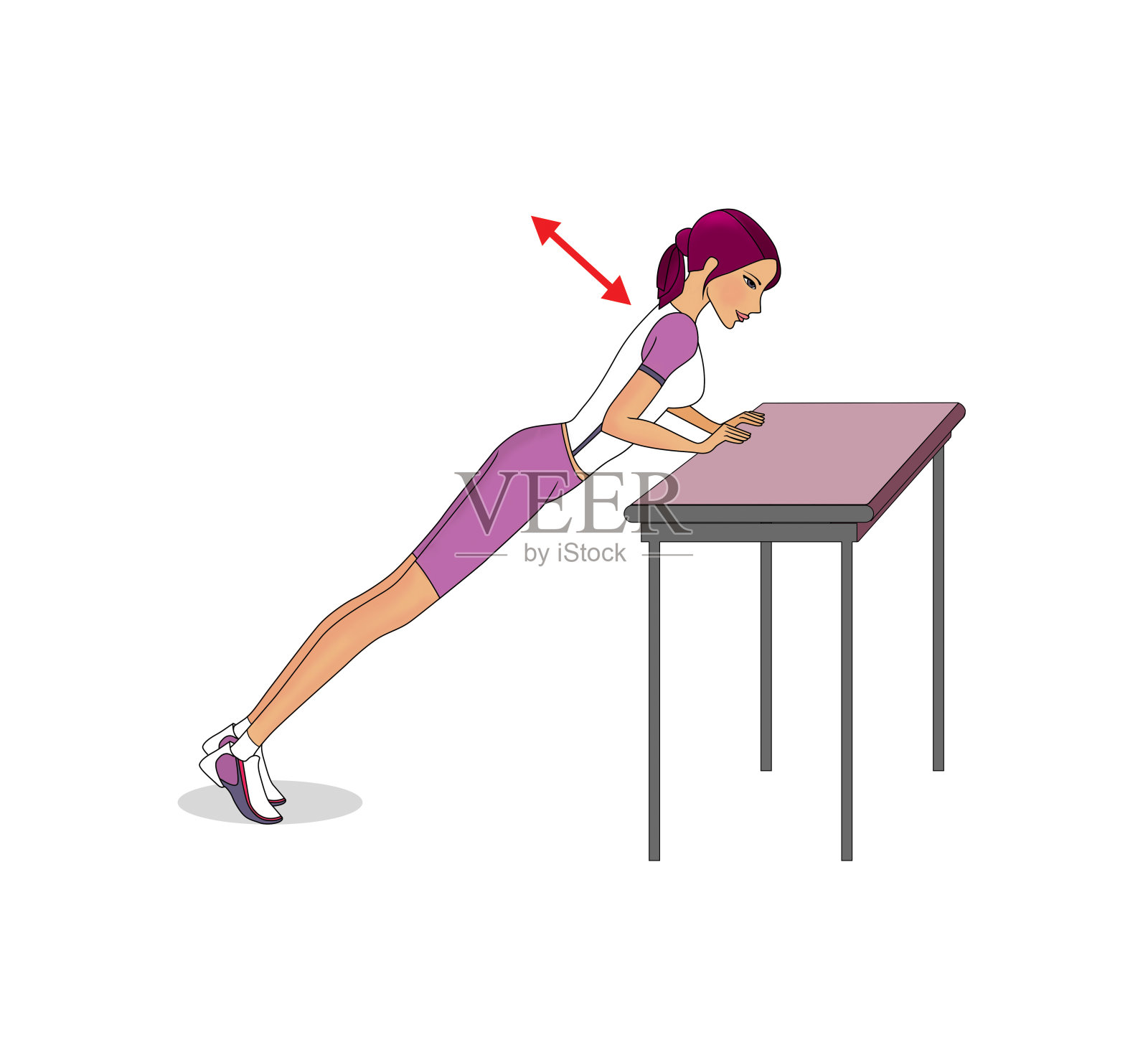 在家锻炼手臂。女孩练习俯卧撑。插画图片素材