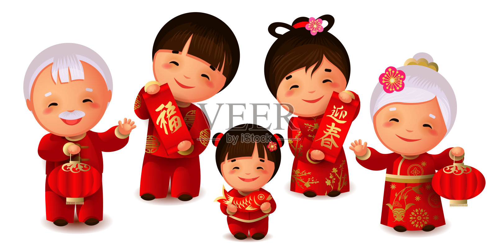 快乐的中国家庭庆祝农历新年。春节。中国卷轴上的符号意味着财富和迎接春天设计元素图片
