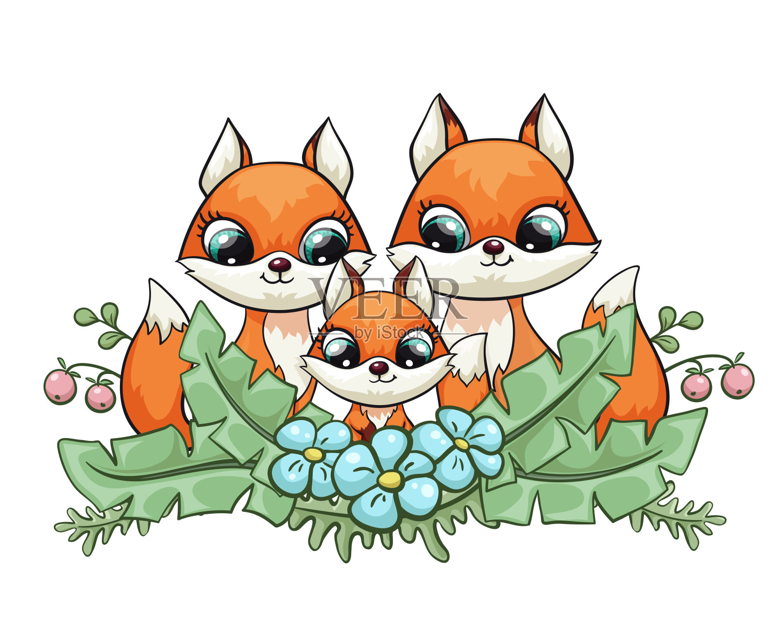 狐狸宝宝和爸爸妈妈可爱的印花。甜蜜的小的家庭。动物与森林花酷朋友设计元素图片