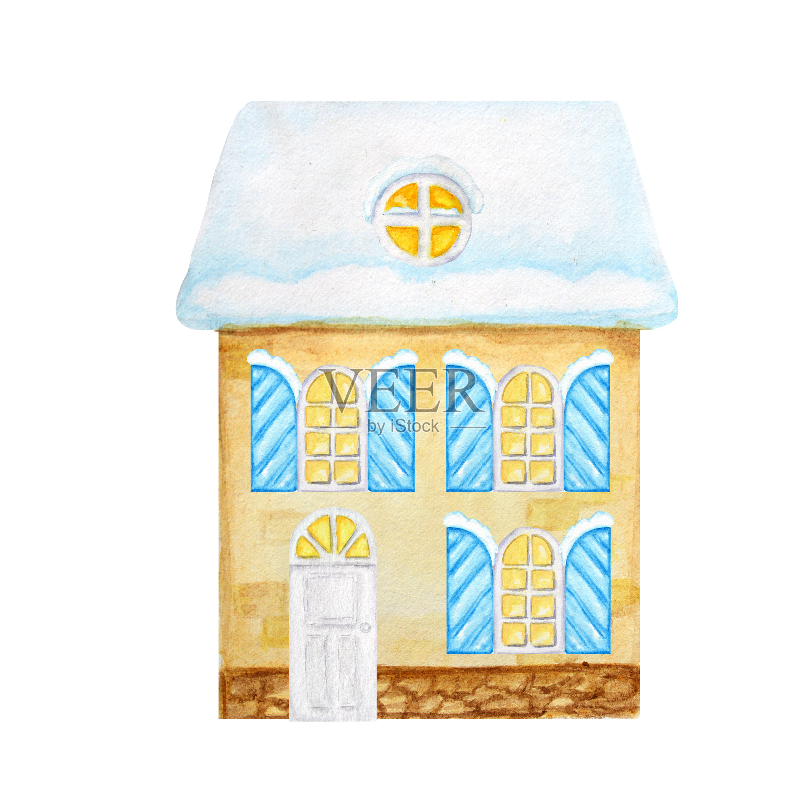 色彩鲜艳的房子用圣诞花环装饰。圣诞节冬天黄色的房子与发光的窗户与浅蓝色的百叶窗，和雪在屋顶上的白色背景。水彩插图设计元素图片