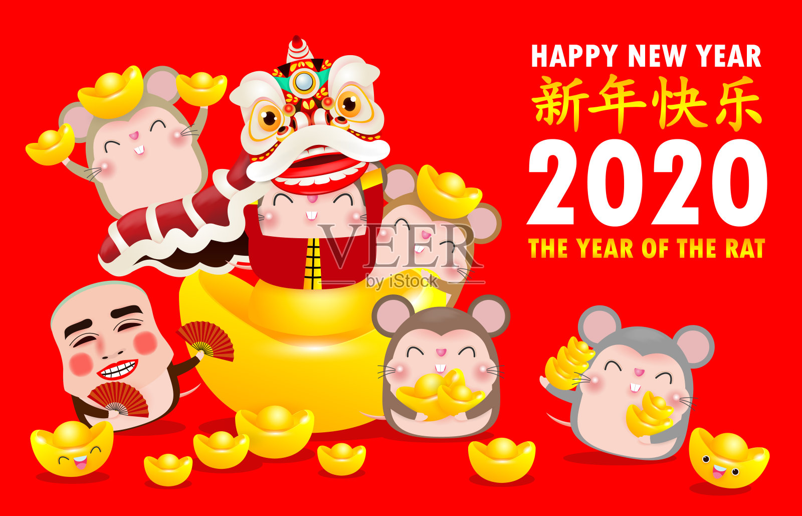 快乐中国新年2020鼠生肖海报设计与老鼠，爆竹和舞狮老鼠与微笑面具。贺卡红底红色，祝福语:新年快乐设计模板素材