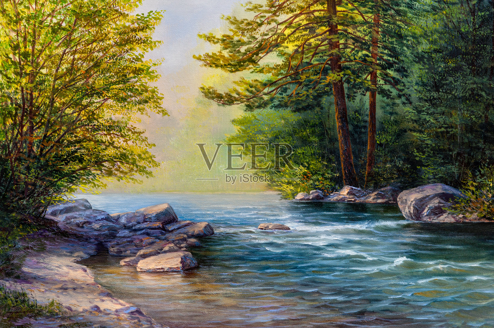 油画风景，五彩缤纷的夏日森林，美丽的河流与瀑布插画图片素材