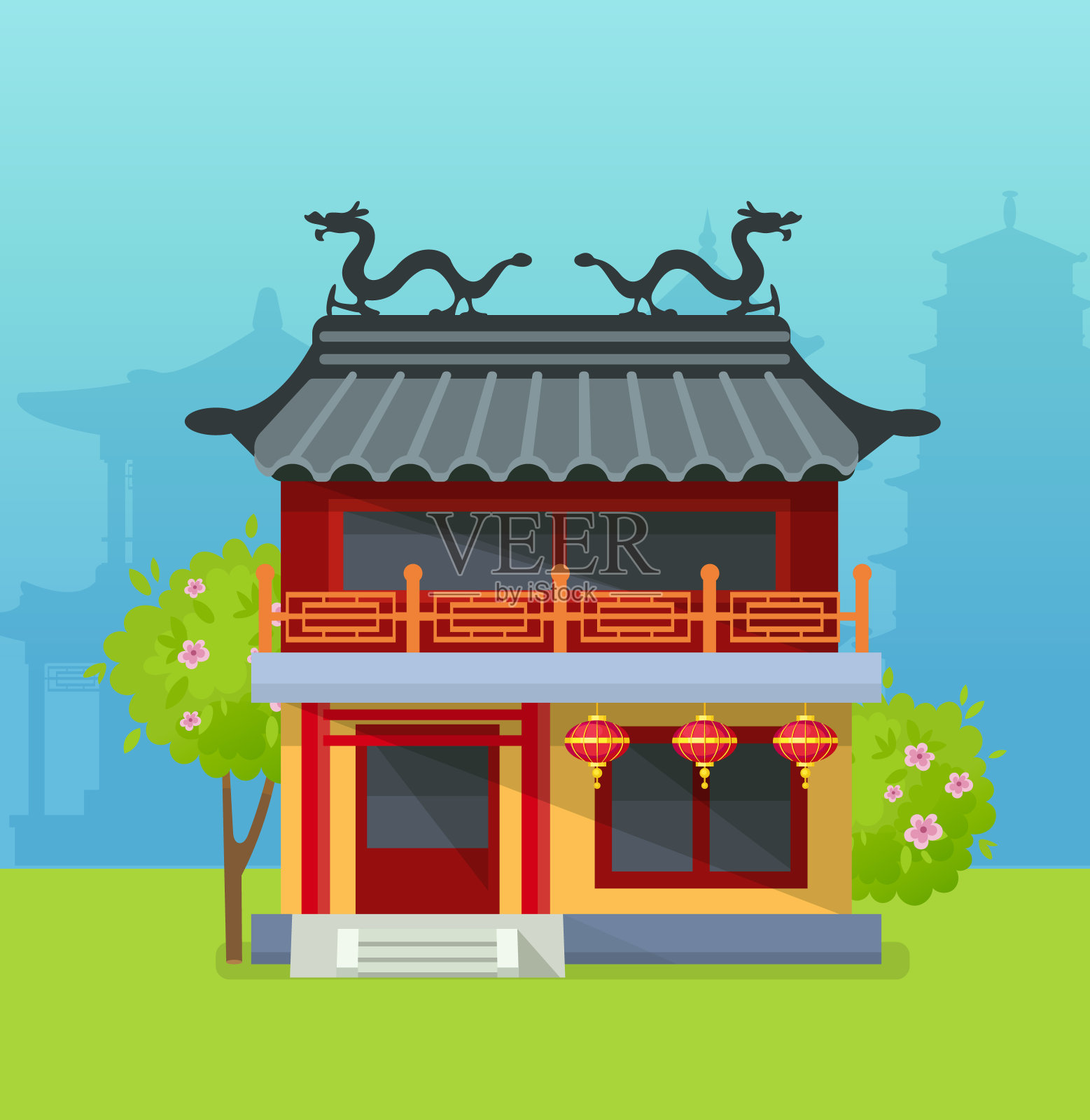 中国典型的庙宇建筑城镇设计插画图片素材