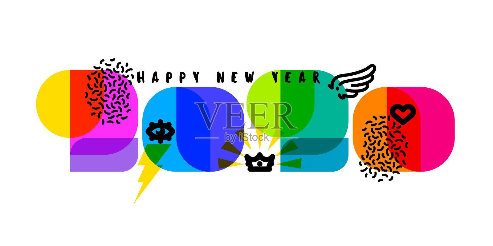 2020年新年贺卡。彩色数字与酷的设计元素，如翅膀，眼睛，皇冠，心孤立在白色的背景插画图片素材