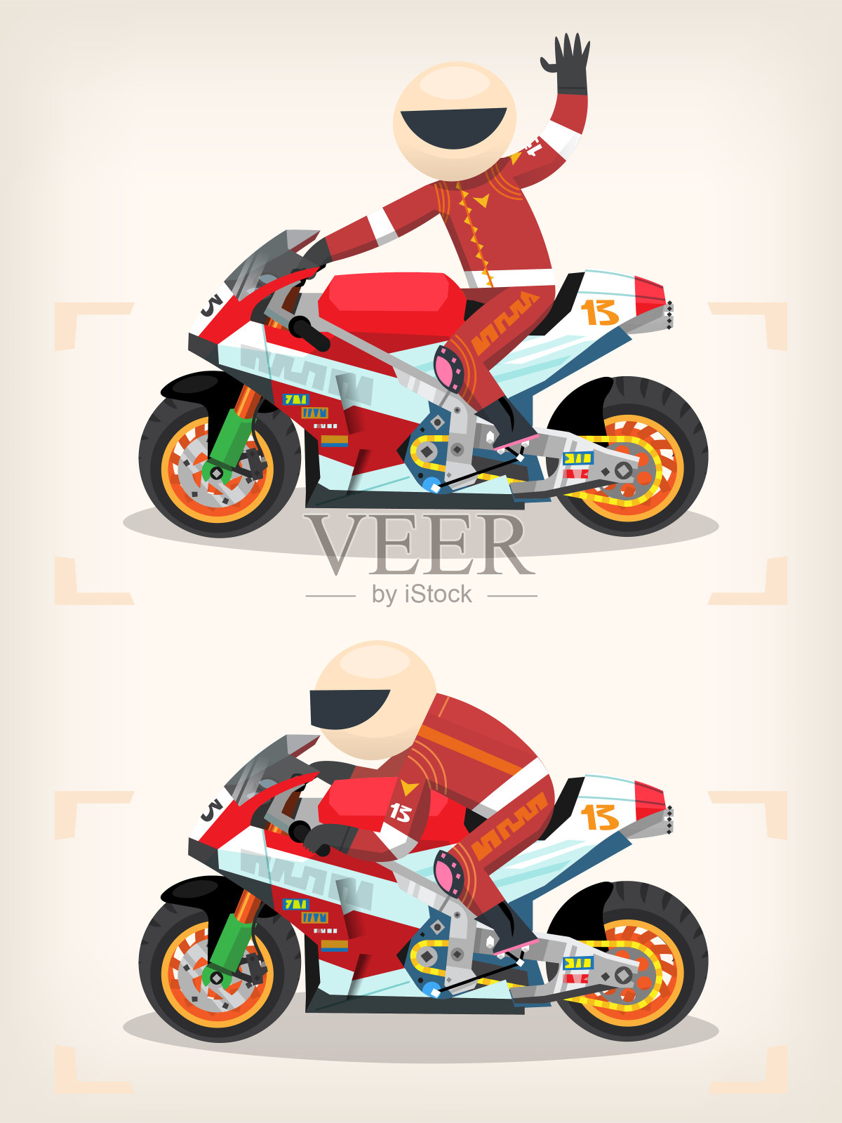 红色的摩托车手骑在摩托车上向人群挥手致意。设计元素图片
