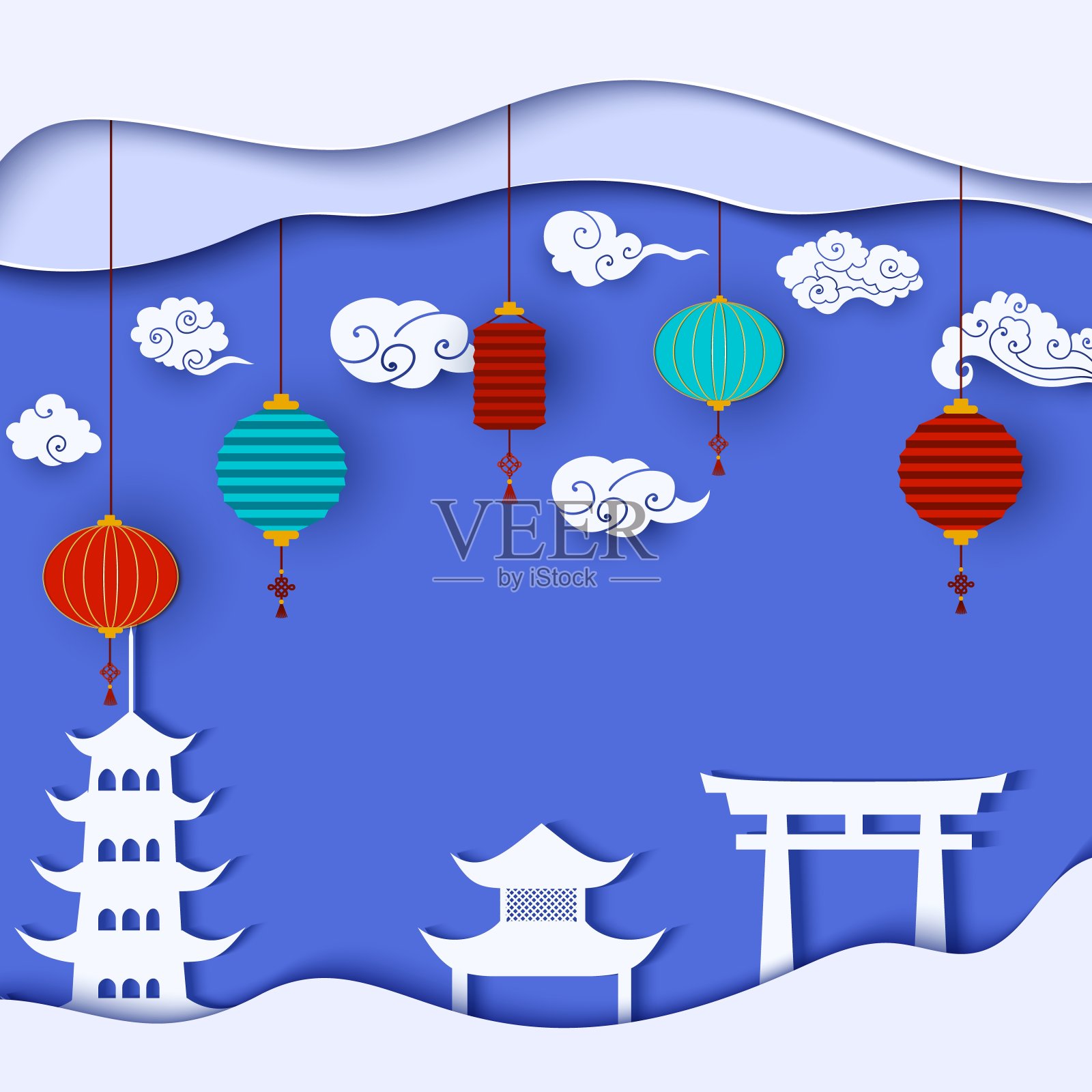 东方风格的中国名片。假日背景与传统建筑剪影，白云和彩色灯笼在蓝色的背景。中秋节日海报，纸设计。向量。插画图片素材