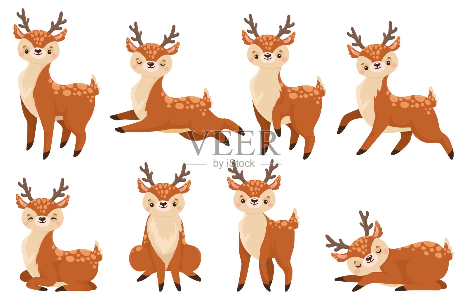 可爱的卡通鹿。奔跑的驯鹿，野生动物小鹿和鹿儿童矢量插图集设计元素图片