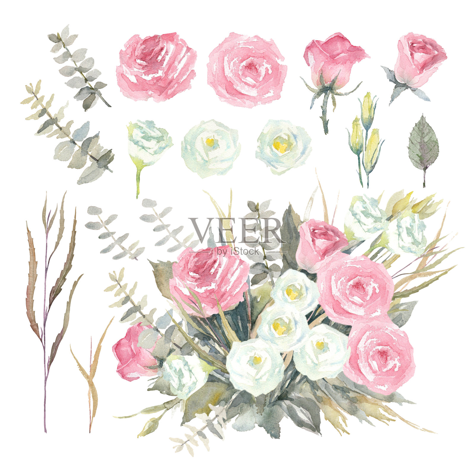 花束，粉红玫瑰，白色洋桔梗，蓝桉树和绿色阿贡尼斯。水彩插图。插画图片素材