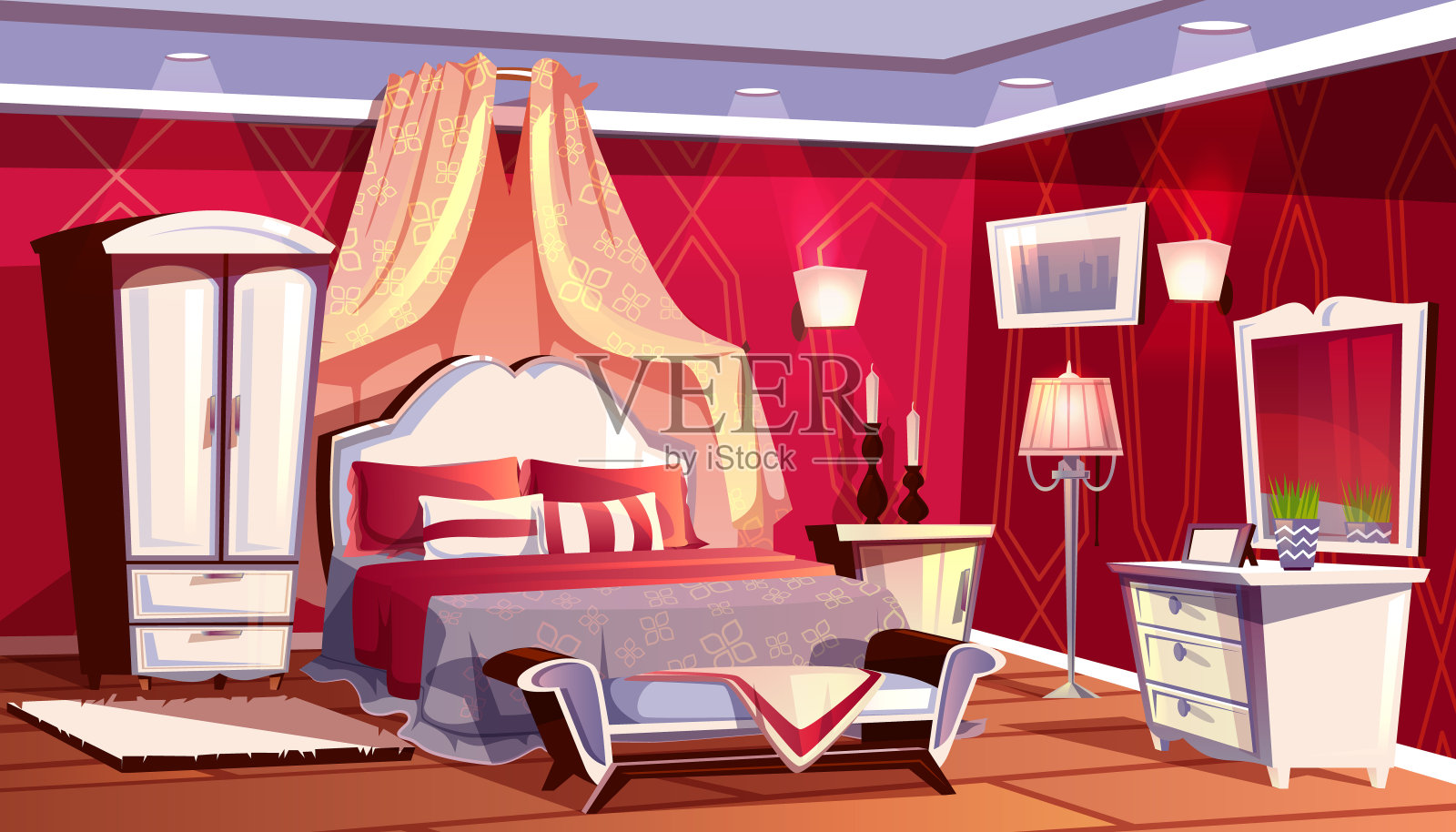 向量丰富的卧室、豪华的房间内部插画图片素材