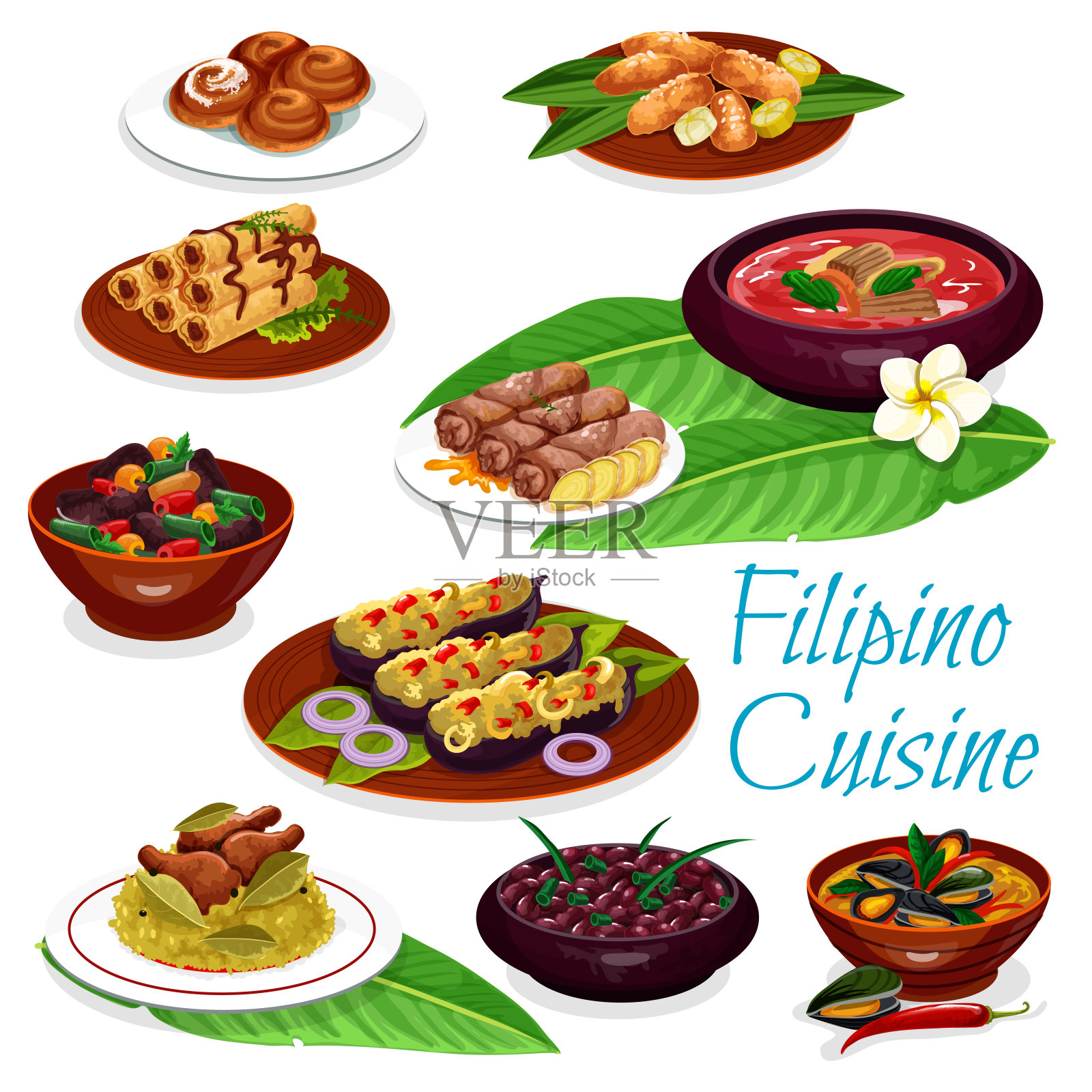 菲律宾菜肉，海鲜，水果糕点插画图片素材