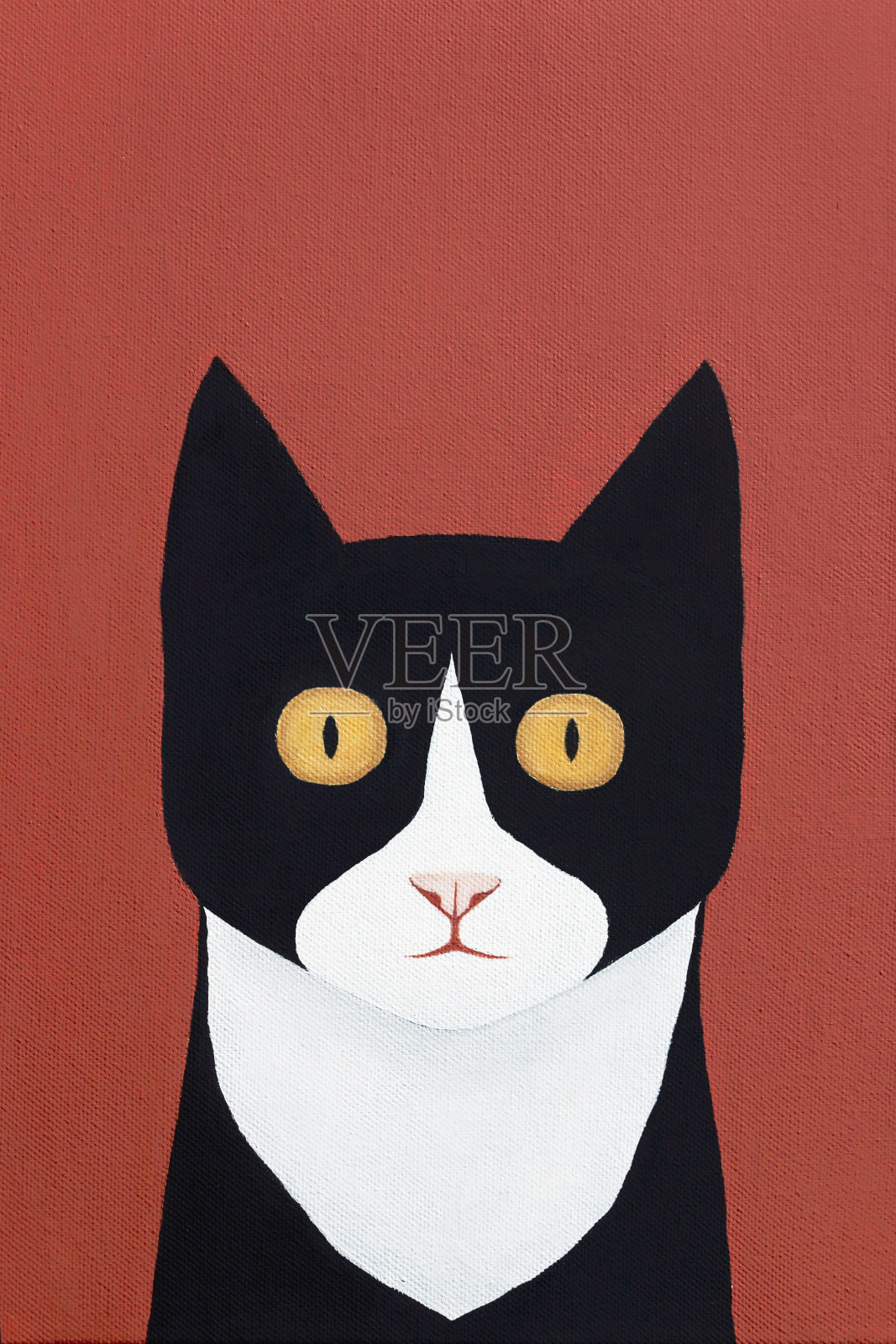 亚克力画的可爱的黑猫与红色的背景在画布上插画图片素材