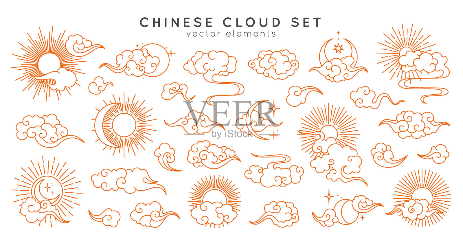 亚洲云与月亮，太阳和星星。向量集合东方中国，日本，韩国风格。线手绘插图孤立在白色背景。复古的元素集。插画图片素材