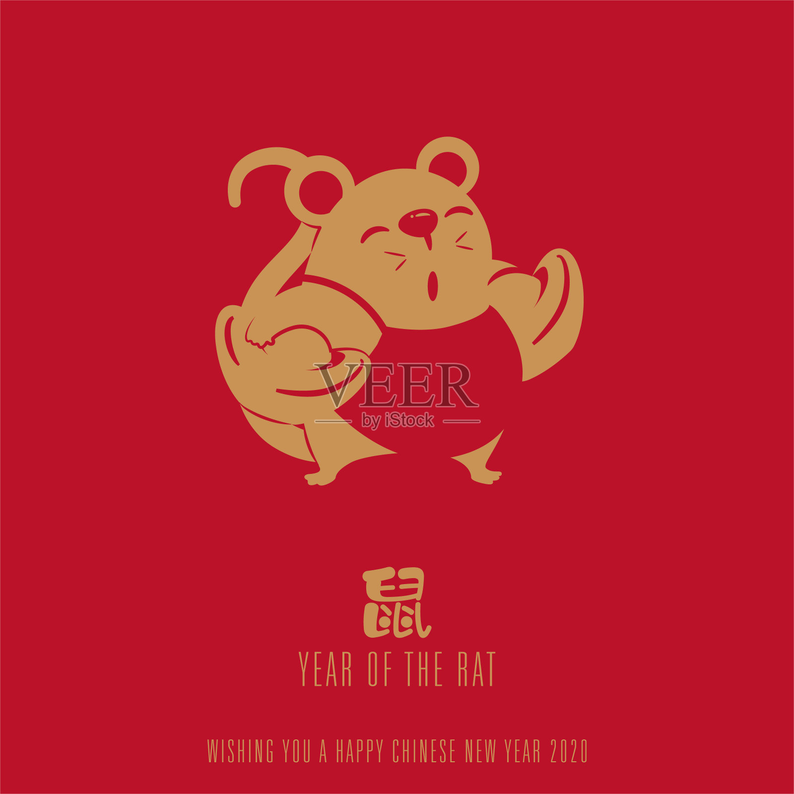 2020年中国新年，鼠年。中国可爱的老鼠，金色的文字和红色的背景。翻译:老鼠-载体插画图片素材