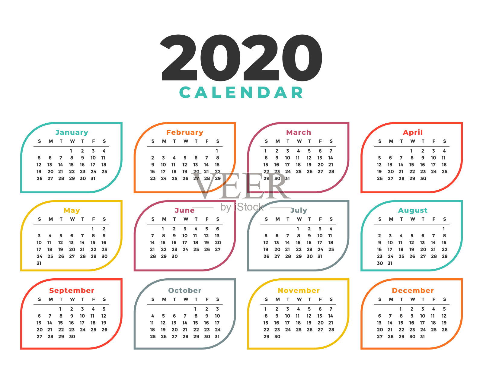 优雅的2020日历设计模板在线条风格设计模板素材