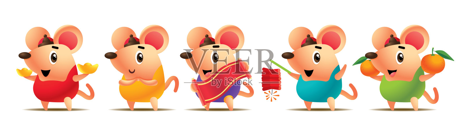 2020年中国新年。卡通可爱的老鼠设置与色彩鲜艳的中国服装。可爱的老鼠与黄金，中国卷轴，鞭炮和普通话矢量老鼠字符集插画图片素材